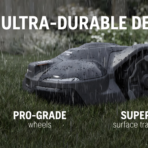 Automower in rain with text "ULTRA-DURABLE DESIGN