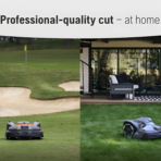 Robotic lawnmowers on a golf course and a modern backyard patio
