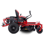 Red Troy-Bilt zero-turn riding lawn mower with a black and red seat.