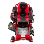 Red and black zero-turn riding lawn mower with seat and controls