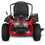 Red zero-turn lawn mower with black seat and powerful engine.