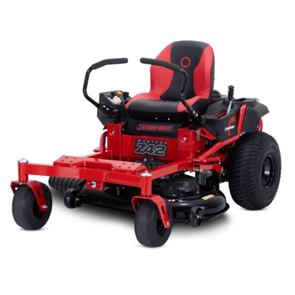 Red Troy-Bilt Mustang Z42 zero-turn lawn mower with black and red seat