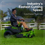 Man riding a Greenworks PRO ERZ426 zero-turn mower, industry's fastest cutting speed.