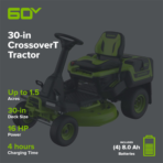 Greenworks 30-in Crossover Tractor with 16 HP power and 4 hours charging time.