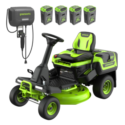 Greenworks 60V electric riding mower with charger and four batteries