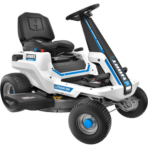 White HART lithium ion riding lawn mower with blue accents