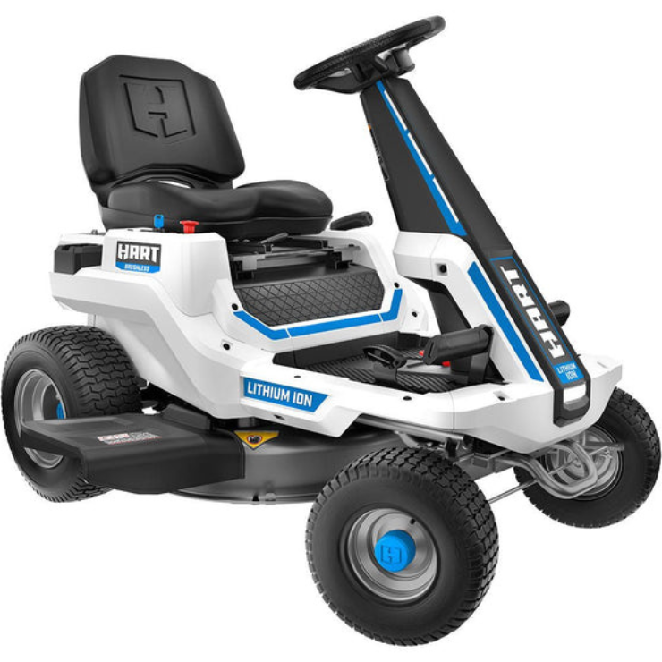 White HART lithium ion riding lawn mower with blue accents