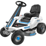 HART 40V 30-inch cordless riding mower with blue accents and "Lithium Ion" text.
