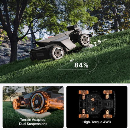 Robotic lawn mower navigating a steep grassy slope with 4WD and terrain adapted suspensions