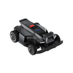 Sleek black robotic lawn mower with LED display and large wheels
