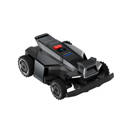 Sleek black robotic lawn mower with LED display and large wheels