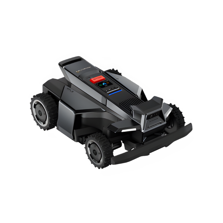850075825240 Main Sleek black robotic lawn mower with LED display and large wheels
