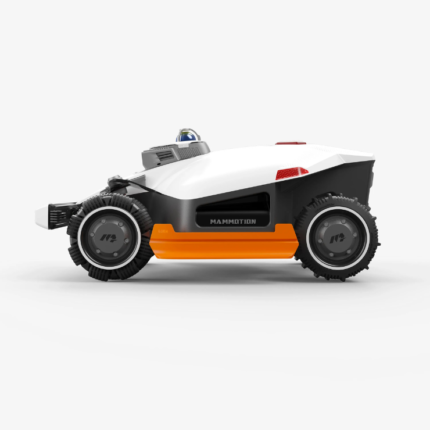 White and orange Mammotion robotic mower with rugged wheels