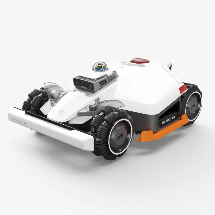 850079696006 Main White Mammotion robotic lawn mower with orange accents on a white background