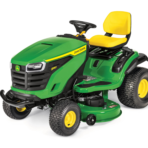 John Deere S130 riding lawn mower with yellow seat and black steering wheel