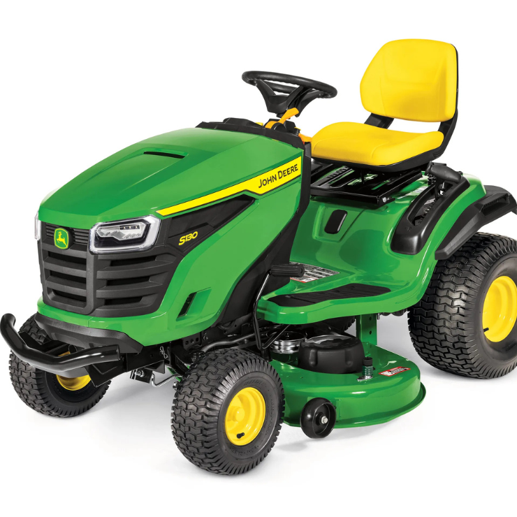 John Deere S130 riding lawn mower with yellow seat and black steering wheel