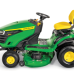 John Deere S130 lawn tractor with yellow seat and wheels