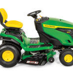 John Deere S130 riding lawn mower with yellow seat and wheels