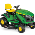 Green John Deere S180 riding lawn mower with yellow seat and black steering wheel