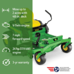 John Deere ZTRAK zero-turn mower with 48-in. deck, 24 hp engine, 7 mph speed.