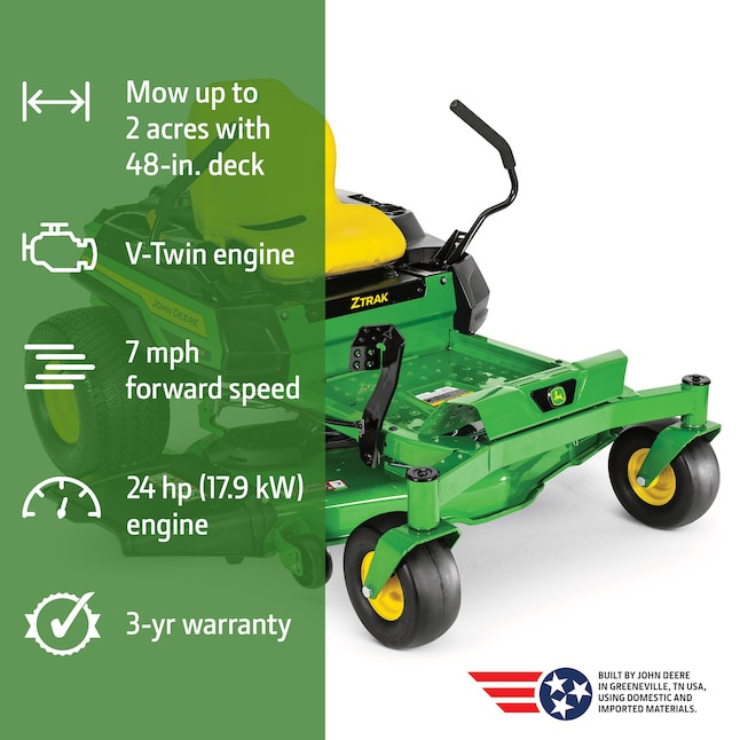 John Deere ZTRAK zero-turn mower with 48-in. deck, 24 hp engine, 7 mph speed.
