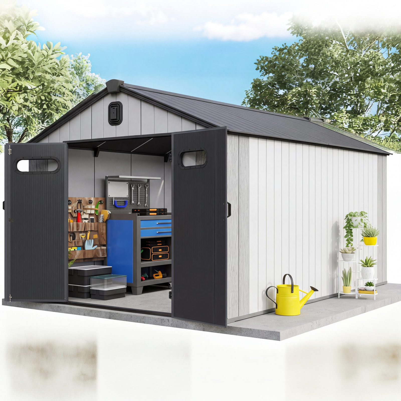 Domi 8x16 Ft Outdoor Resin Storage Shed All Weather Double Wall Storage Building With Lockable Doors And Ventilated Roof Ideal For Lawn Tools Bikes Mowers And Pool Equipment Grey Main